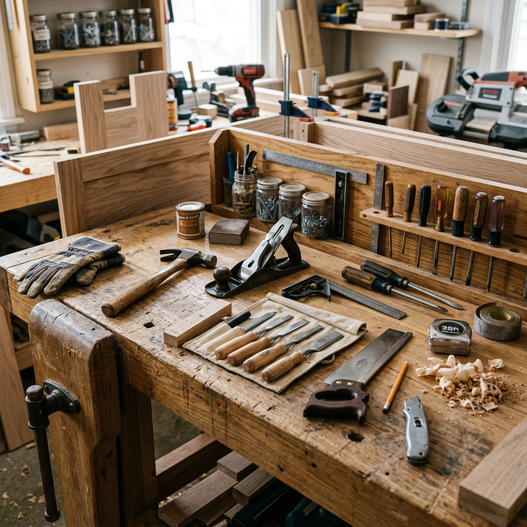 Woodworking tools including chisels, hammer, hand plane, saw, and screwdrivers neatly placed on a wooden workbench with wood shavings